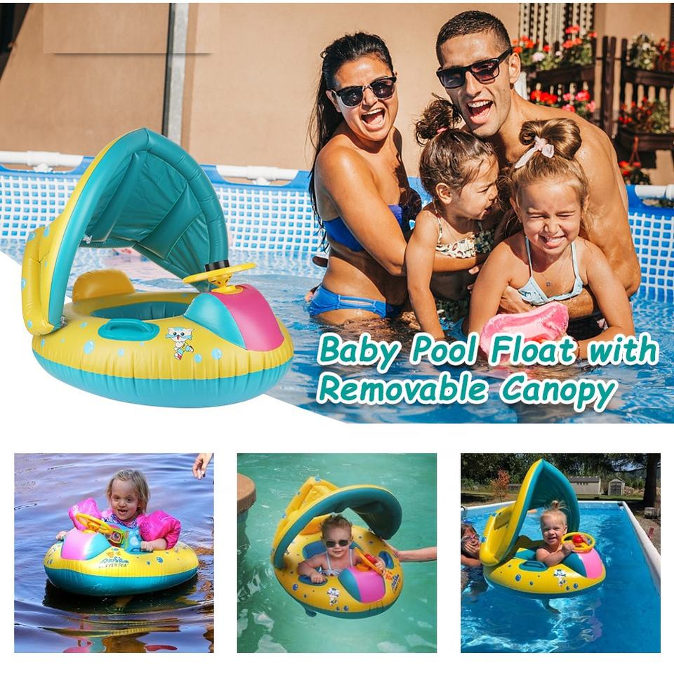 Baby Submarine Pool Float with Canopy - Inflatable Swim Seat for Toddlers